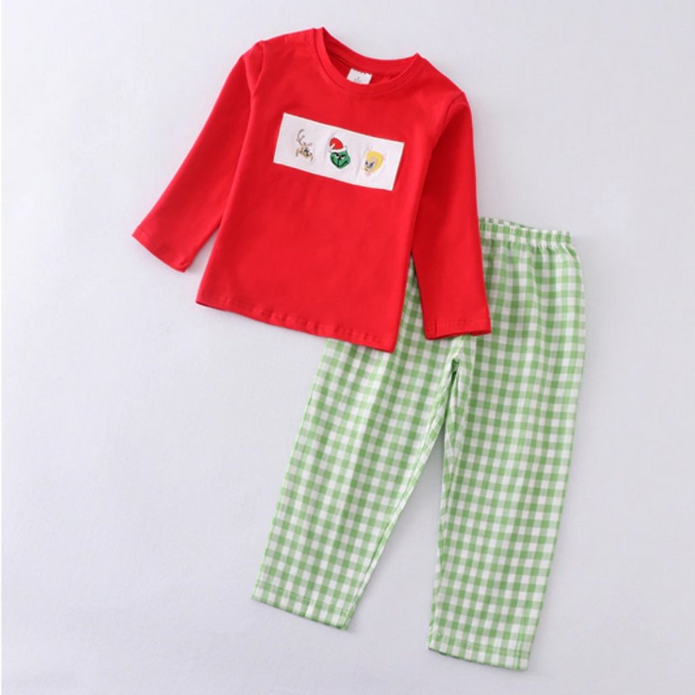 Kids Red Top & Green Gingham Pants Matching Set